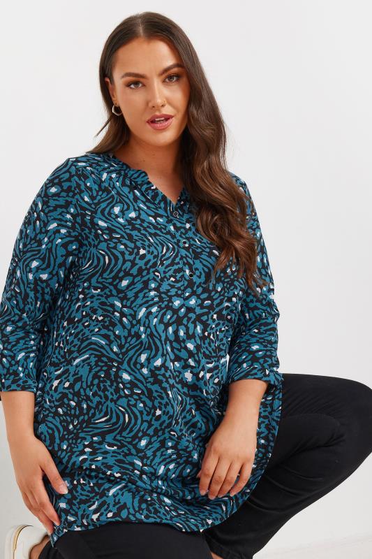 YOURS Plus Size Blue Animal Print Half Placket Shirt | Yours Clothing 1