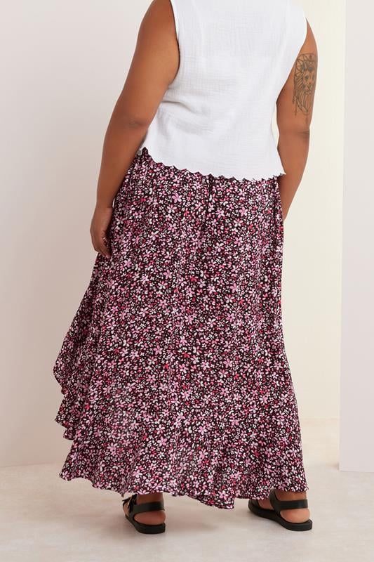 YOURS Plus Size Pink Ditsy Floral Ruffle Hem Maxi Skirt | Yours Clothing 3