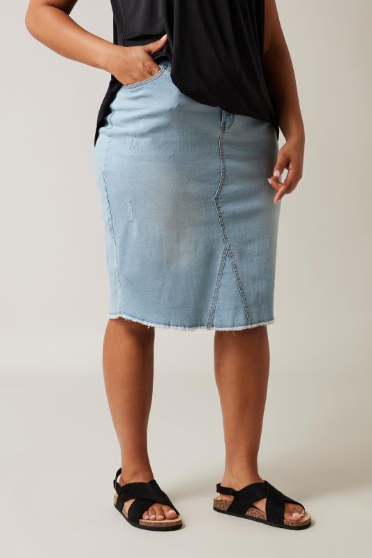 Plus Size  Evans Blue Light Wash Raw Hem Denim Midi Skirt