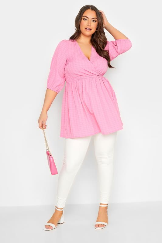 YOURS Plus Size Pink Textured Wrap Top | Yours Clothing 2