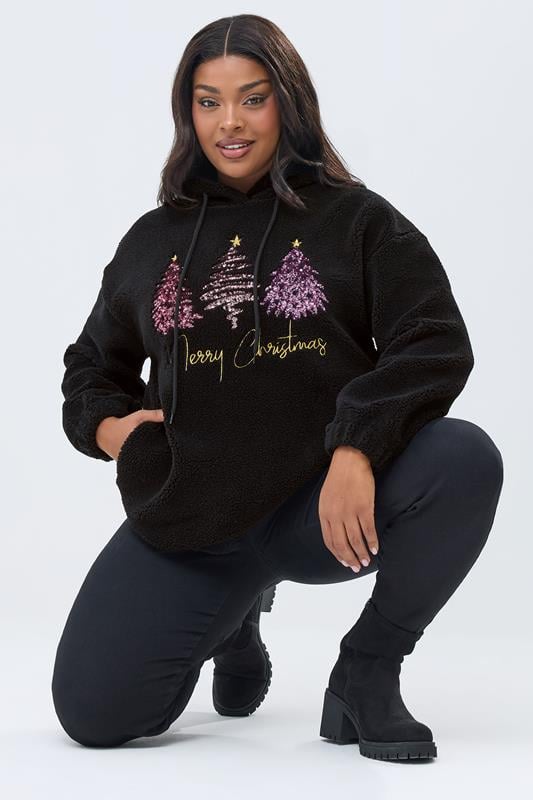 YOURS Plus Size Black 'Merry Christmas' Borg Novelty Hoodie | Yours Clothing 1