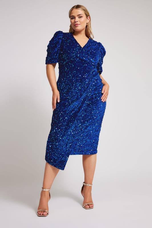 YOURS LONDON Plus Size Blue Sequin Velvet Wrap Dress | Yours Clothing 1