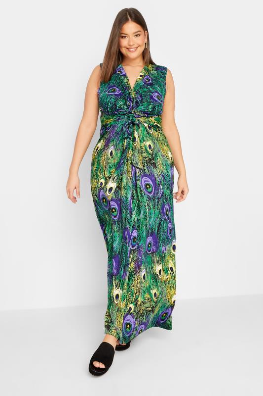 LTS Tall Women's Green Peacock Print V-Neck Knot Front Maxi Dress | Long Tall Sally 2