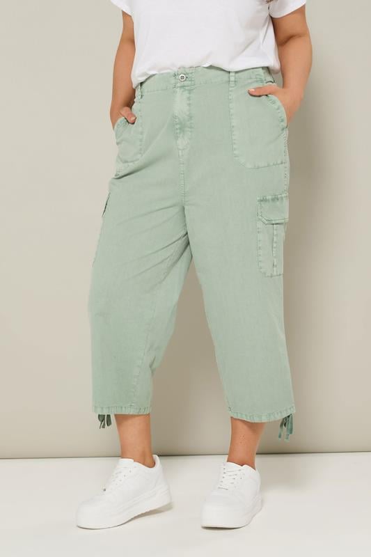 YOURS Plus Size Sage Green Cotton Cropped Cargo Trousers | Yours Clothing 1