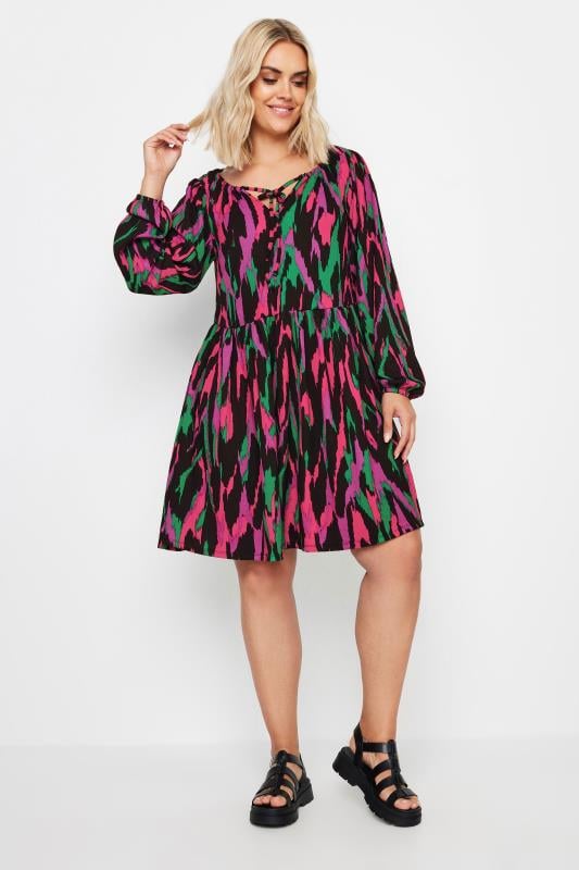 YOURS Plus Size Black Abstract Print Textured Tie Neck Dress | Yours Clothing 2