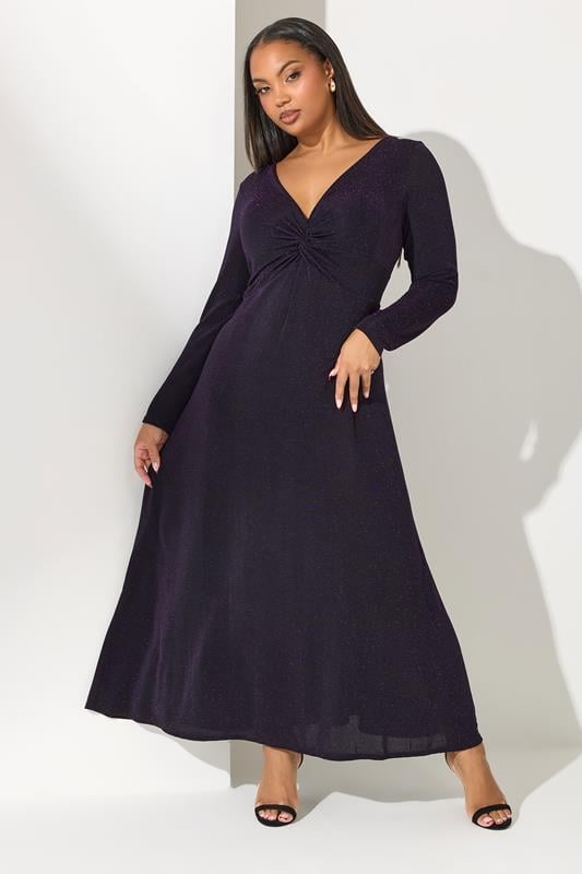 YOURS LONDON Plus Size Purple Metallic Knot Front Dress | Yours Clothing 1