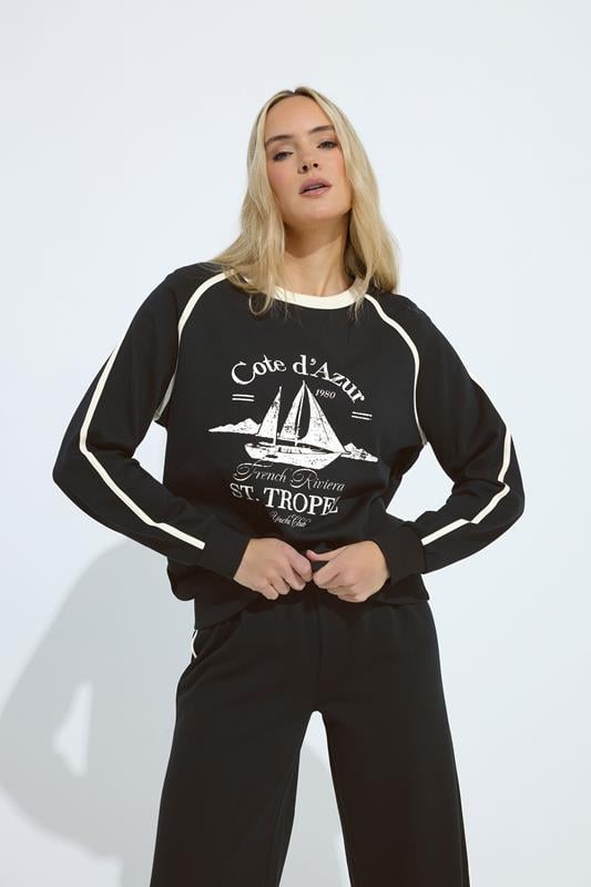 LTS Tall Black 'Cote d'Azur' Slogan Pipe Detail Sweatshirt