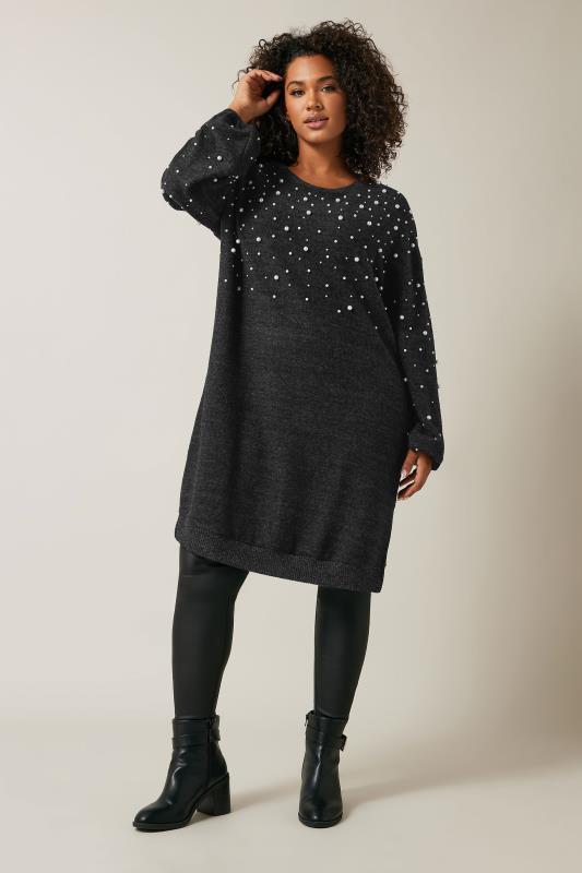 EVANS Plus Size Charcoal Grey Pearl Embellished Soft Touch Jumper Dress | Evans 3