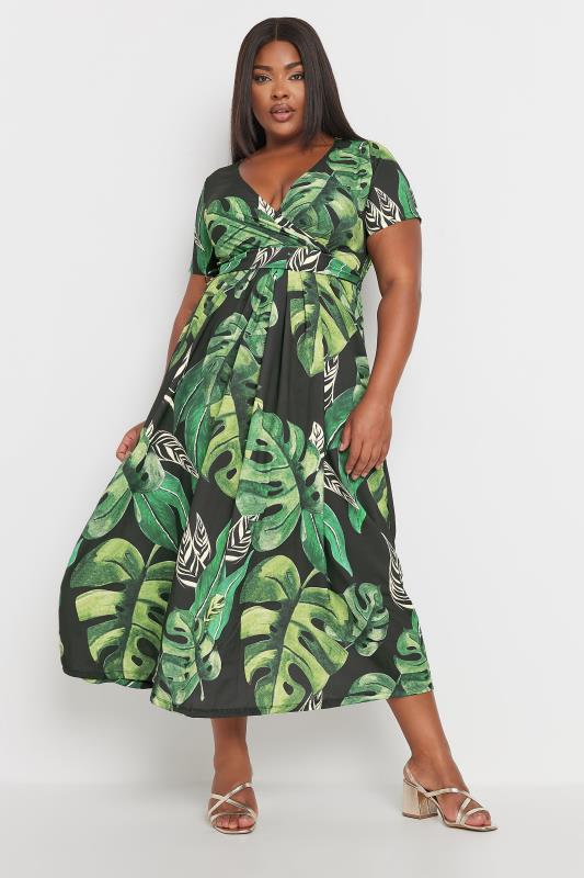 YOURS Plus Size Black Leaf Print Short Sleeve Wrap Maxi Dress | Yours Clothing 1