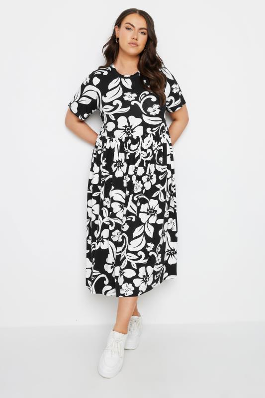 YOURS Plus Size Black & White Abstract Floral Print Smock Dress | Yours Clothing 1