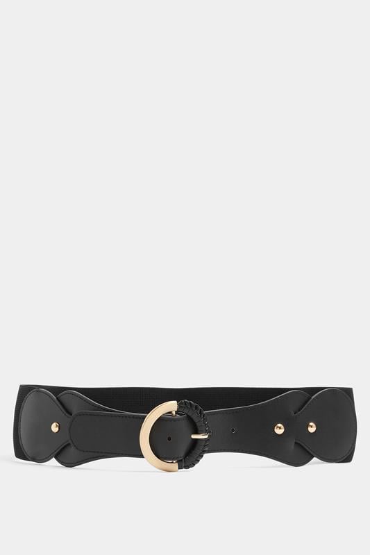 Black Wide Elasticated Round Buckle Belt | Yours Clothing 1
