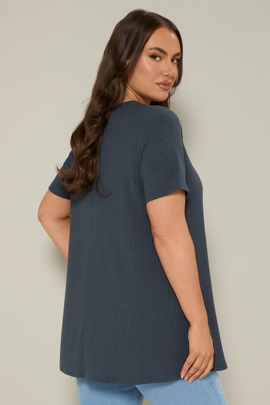 YOURS Plus Size Dark Blue Button Front Ribbed Swing Top | Yours Clothing 3