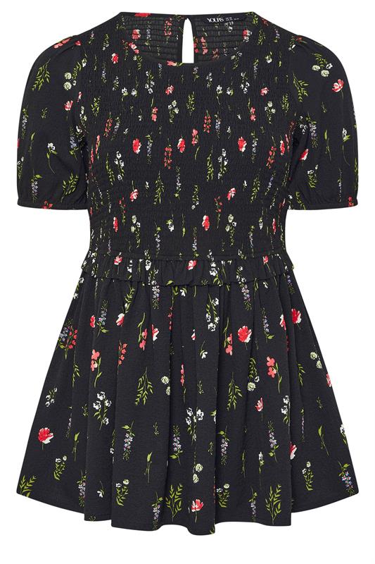 YOURS Plus Size Black Floral Shirred Peplum Top | Yours Clothing 5