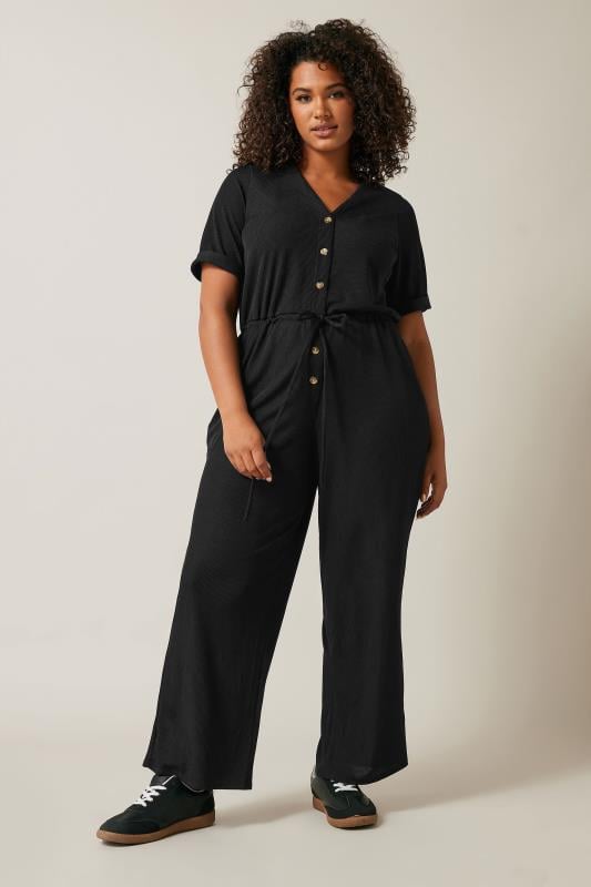 Plus Size  EVANS Curve Black Button Front Jersey Jumpsuit