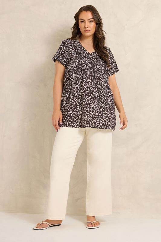 EVANS Plus Size Chocolate Brown Print Cotton Henley Top | Evans 1