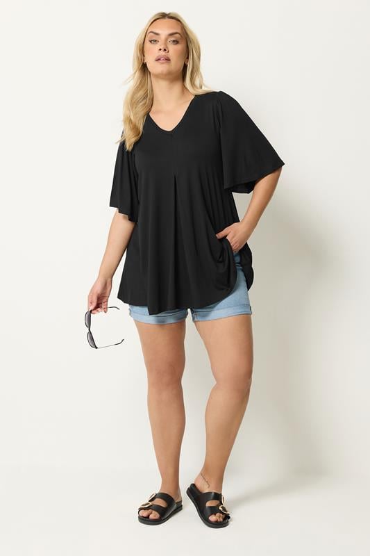 Plus Size Black Pleat Angel Sleeve Swing Top | Yours Clothing 1