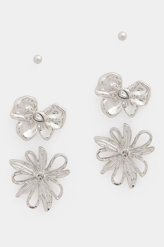 YOURSET 3 PACK Silver Tone Floral Earrings
