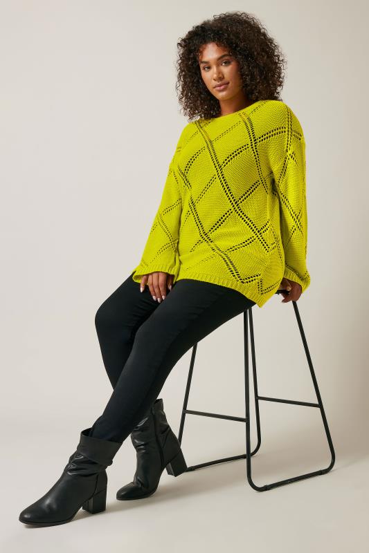 EVANS Plus Size Chartreuse Green Diamond Pointelle Jumper | Evans 2