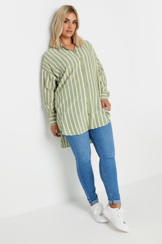 YOURS Plus Size Green Stripe Linen Shirt | Yours Clothing  2