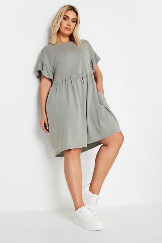 YOURS Plus Size Grey Acid Wash Frill Sleeve Mini Dress | Yours Clothing 1