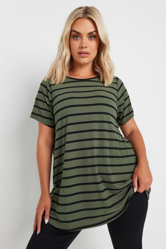 YOURS Plus Size Khaki Green Stripe Ribbed Swing T-Shirt | Yours Clothing  1