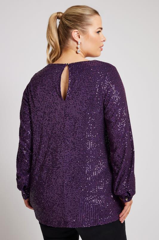 YOURS LONDON Plus Size Purple Sequin V-Neck Top | Yours Clothing 3