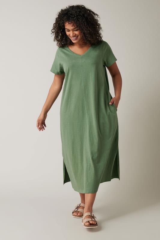 EVANS Plus Size Khaki Green Cotton Midi Dress | Evans 1