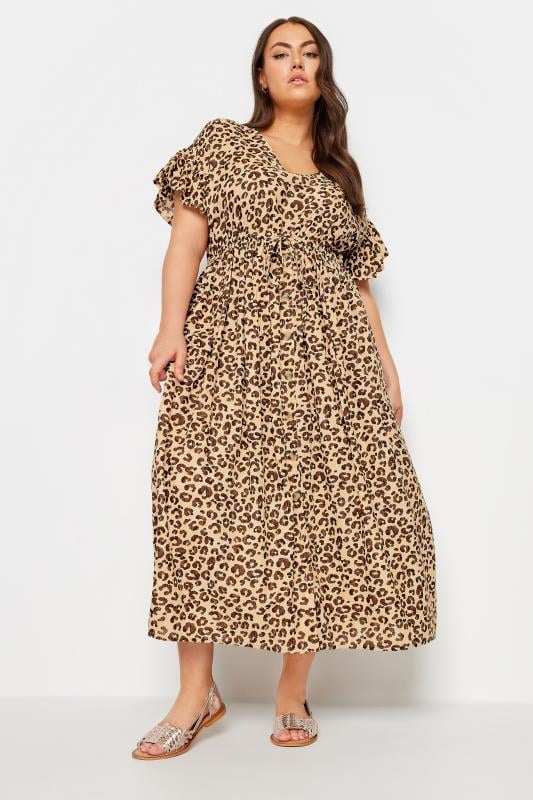 YOURS Plus Size Brown Leopard Print Linen Maxi Dress | Yours Clothing 2