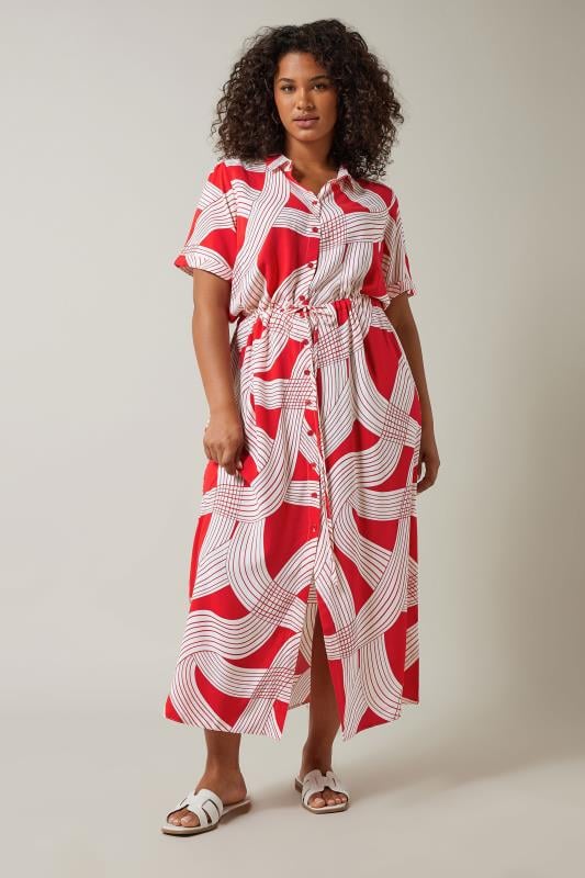 Plus Size  EVANS Curve Red Linear Print Midi Dress