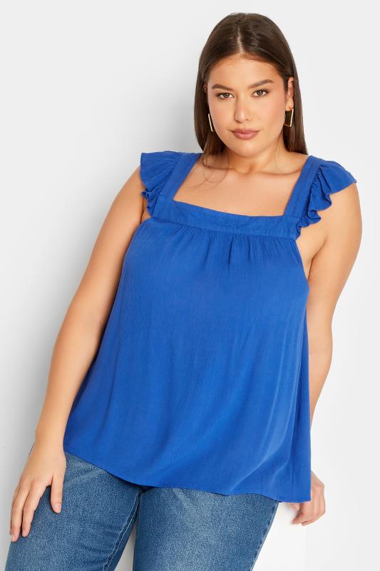 LTS Tall Women's Cobalt Blue Crinkle Frill Top | Long Tall Sally 1