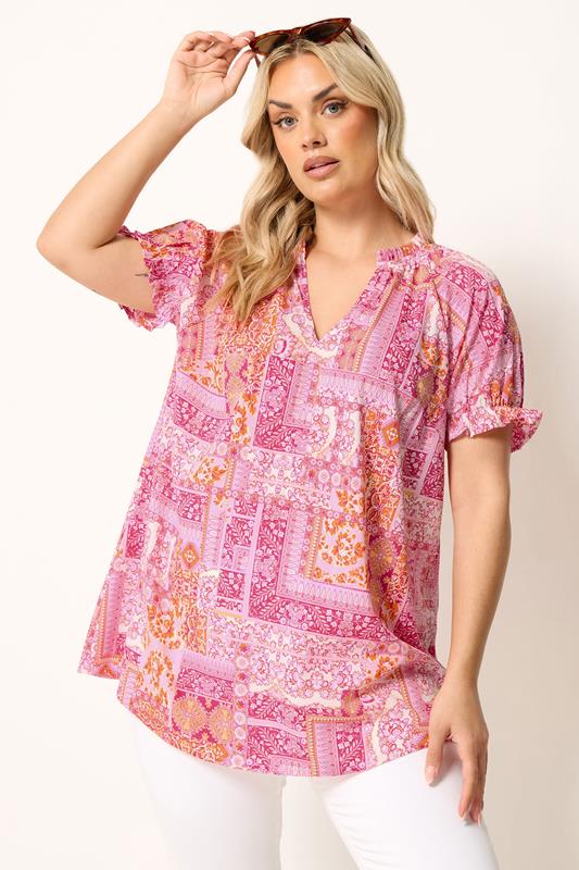 YOURS Plus Size Pink Tile Print Blouse | Yours Clothing 1
