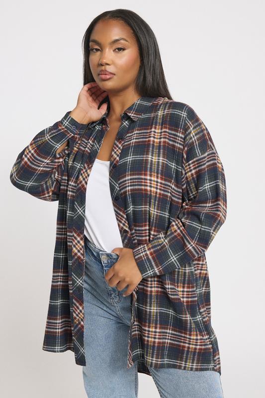 Plus Size  YOURS Curve Navy Blue Oversized Check Shirt