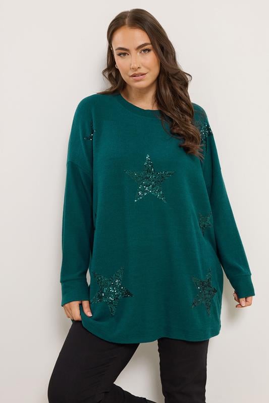 Plus Size  YOURS Curve Teal Green Sequin Embellished Star Jumper