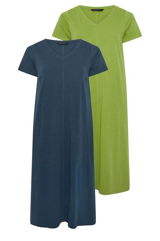  EVANS Curve 2 Pack Green & Navy Blue Cotton Dresses