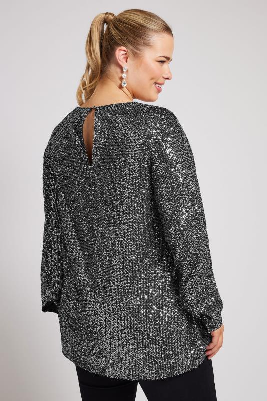 YOURS LONDON Plus Size Silver Sequin V-Neck Top | Yours Clothing 3