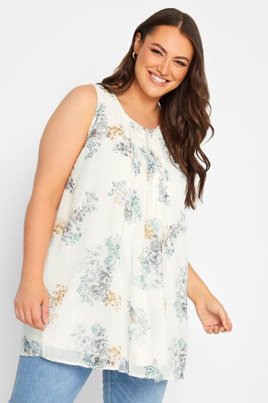 YOURS Plus Size White Floral Pintuck Sleeveless Blouse | Yours Clothing 1