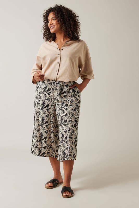 EVANS Plus Size Natural Brown Leaf Print Linen Culottes | Evans  2