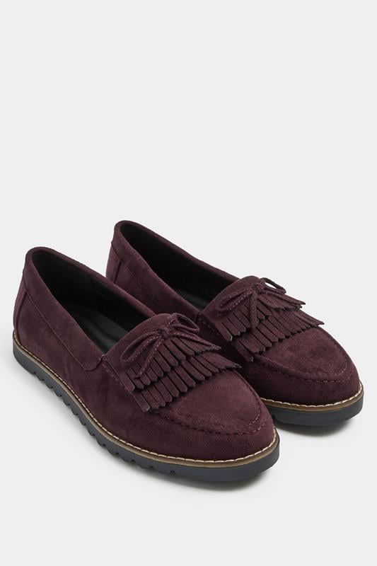  Yours Burgundy Red Faux Suede Fringe Loafers In Wide E Fit