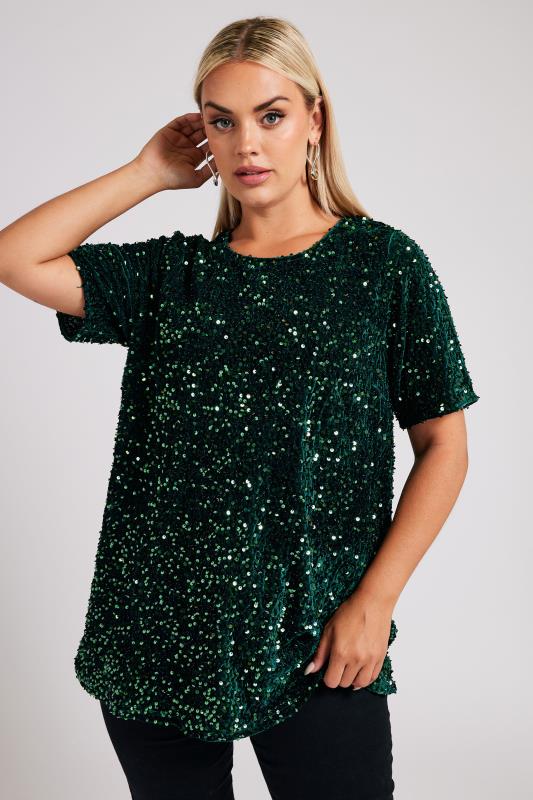 YOURS LONDON Plus Size Emerald Green Velvet Sequin Top | Yours Clothing  3