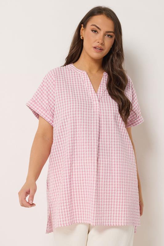  YOURS Curve Pink Check Overhead Half Placket Shirt