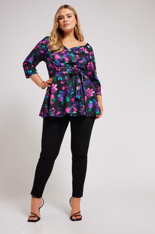 YOURS LONDON Plus Size Black Floral Print Peplum Top | Yours Clothing 2