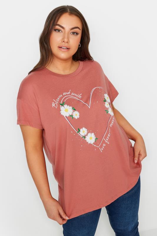 YOURS Plus Size Pink 'Bloom And Smile' Printed T-Shirt | Yours Clothing 1
