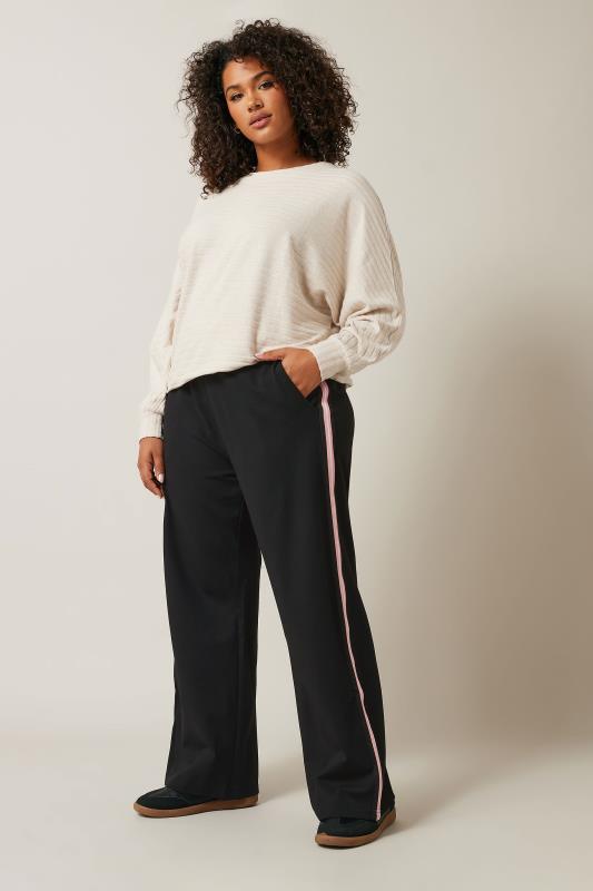 EVANS Curve Black & Pink Side Stripe Wide Leg Trousers | Evans 2