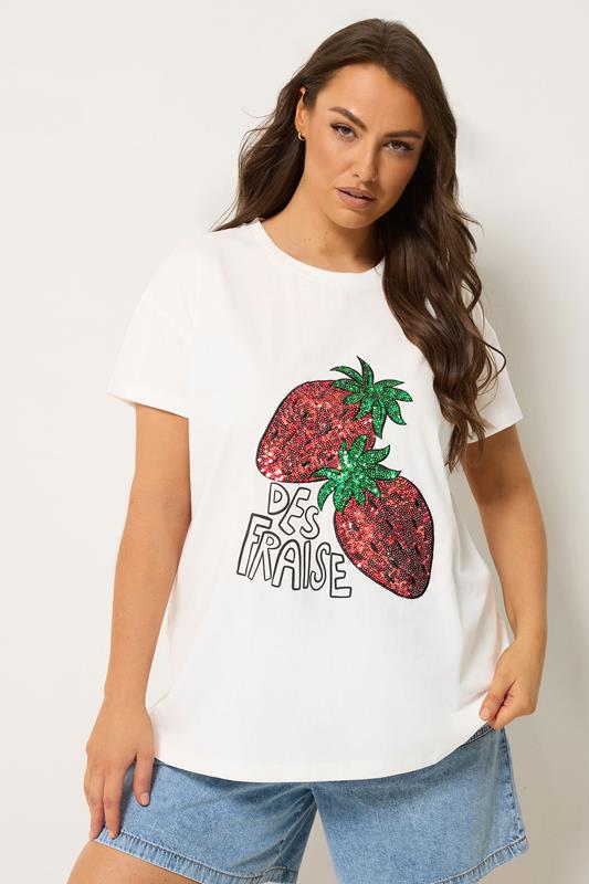  YOURS Curve White Sequin Embellished Strawberry T-Shirt