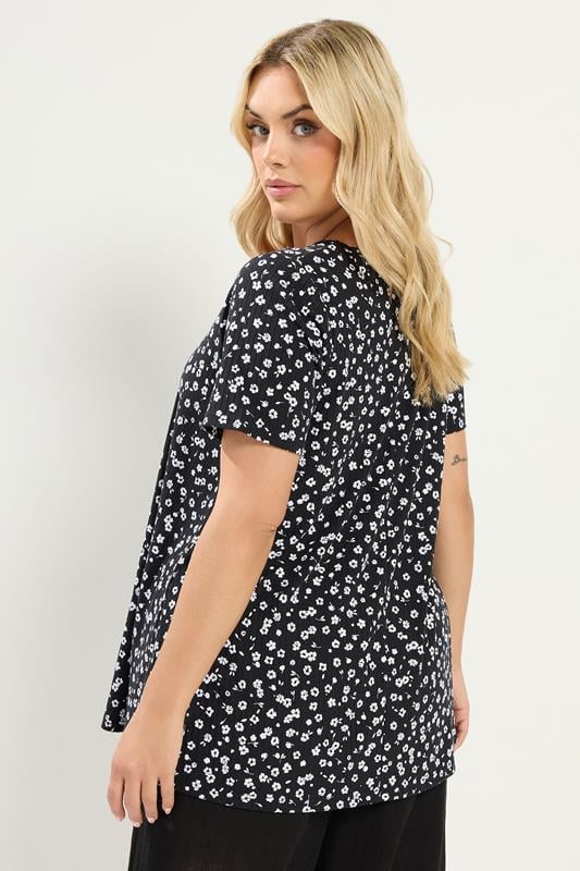 YOURS Plus Size Black & White Ditsy Floral Ribbed T-Shirt | Yours Clothing 2