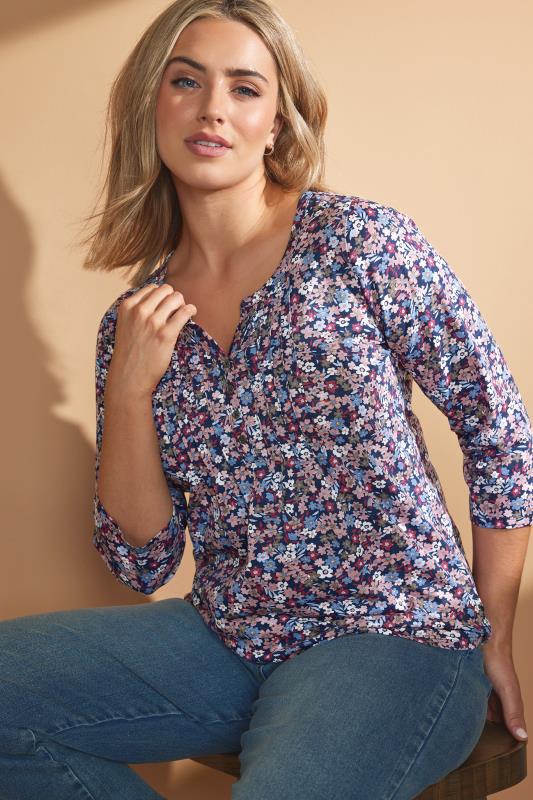 Women's  M&Co Pink Floral Print Cotton Henley Top