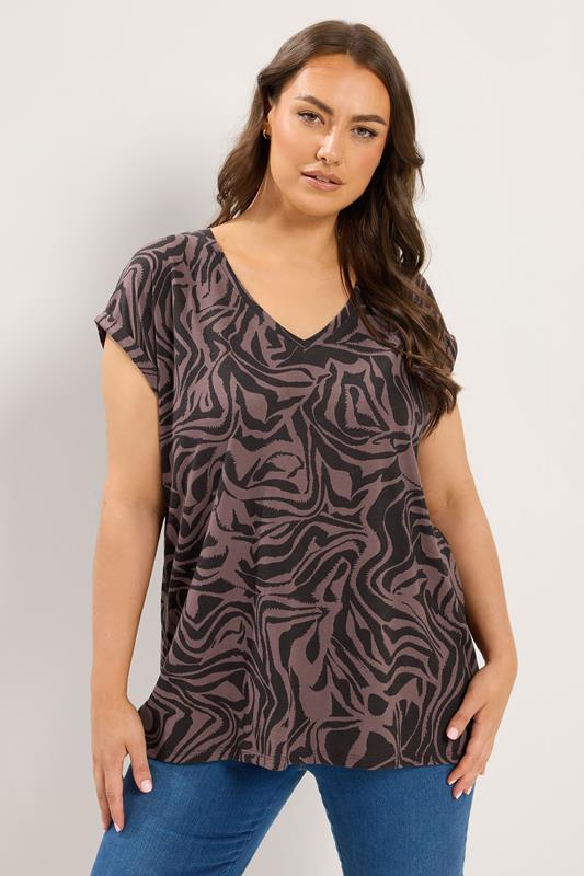  YOURS Curve Brown Zebra Print V-Neck T-Shirt