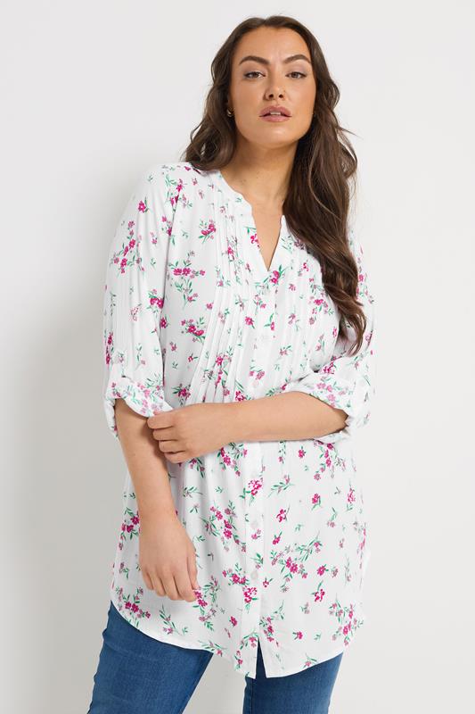 YOURS Curve White Floral Pintuck Blouse