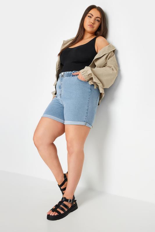 YOURS Plus Size Blue Elasticated Waist Stretch Denim Shorts | Yours Clothing 3