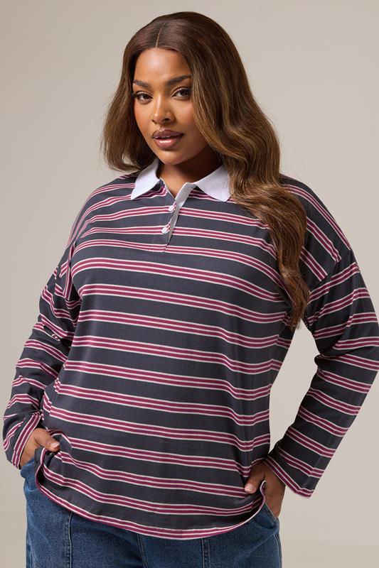 YOURS Plus Size Grey & Red Stripe Rugby Collar Top | Yours Clothing 2